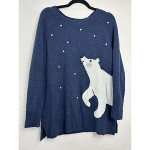 Lauren Conrad Tunic Sweater Womens Sz M Blue Embroidery Holiday Polar‎ Bear Cozy